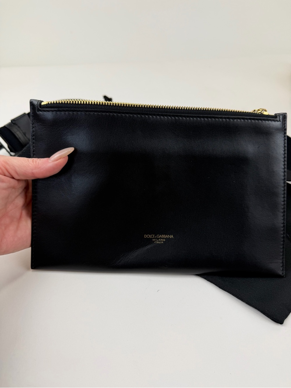 Dolce & Gabbana Authentic Black Leather waist bag with Gold Hardware